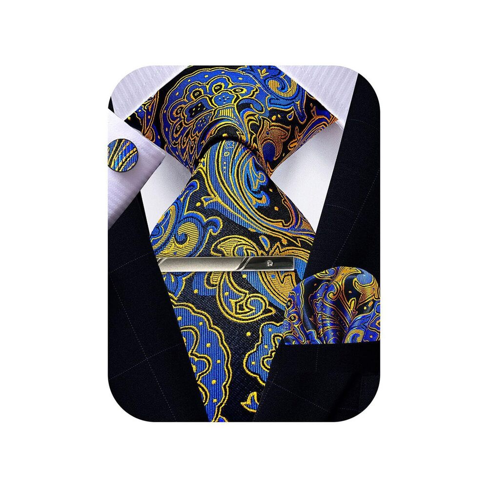 4277 Gold and Blue Tie and Pocket Square Set, Silk Paisley Tie Handkerchief